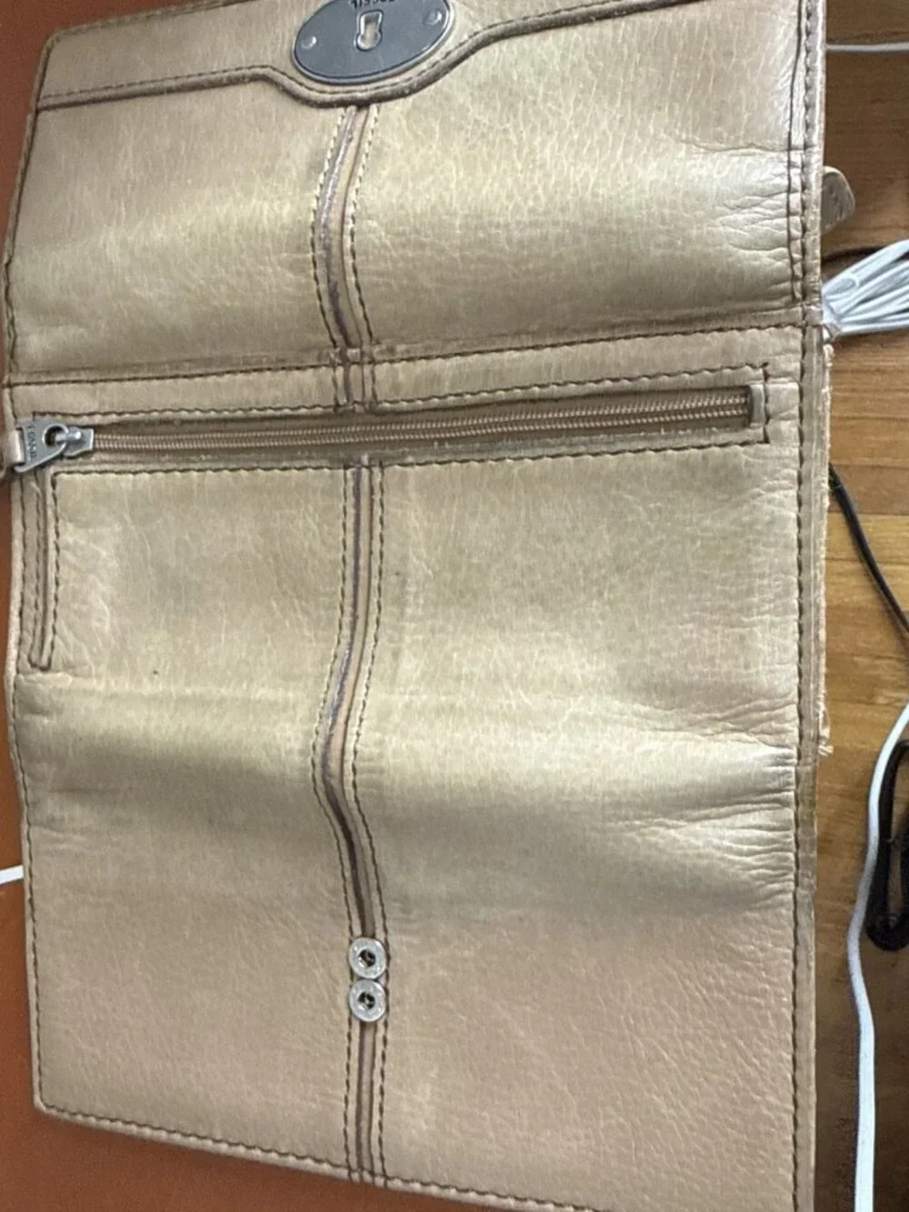 FOSSIL Maddox Taupe Leather Trifold Flap Clutch Wallet Organizer